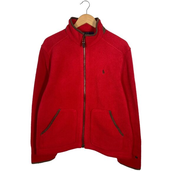 Polo Ralph Lauren Fleece Jacket Full Zip Leather Trim - Picture 1 of 7